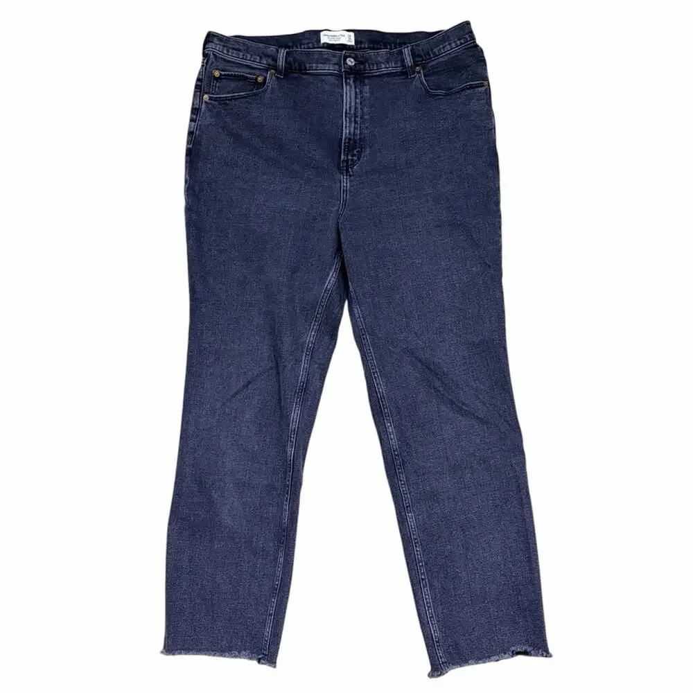 Abercrombie The Ankle Straight Jeans 34/18L Ultra High Rise Dark Wash Raw Hem